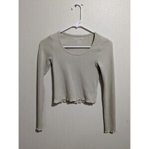 American Eagle Women’s Crop Waffle Knit Lettuce Trim Long Sleeve Top Size XXS